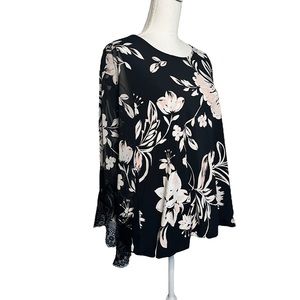 Alfani Light Pink and White Floral Blouse with Sheer Sleeves and Lace